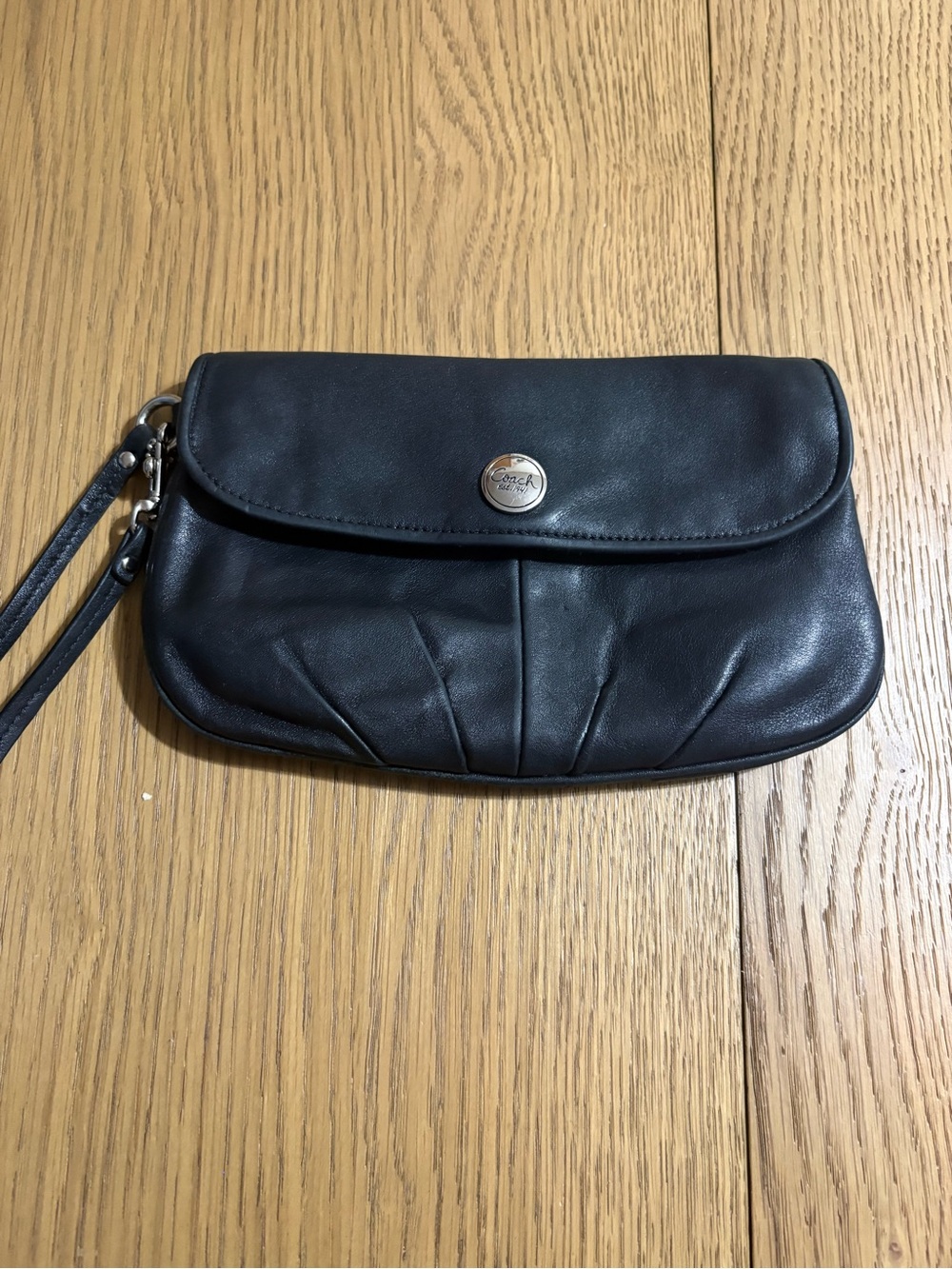 Coach Black Leather Wristlet Clutch with Silver Button